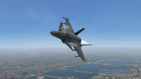 An F-45A soaring over a dense city.