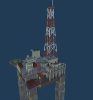 An oil platform as seen in the Unity editor. Notice the hitboxes of the destructible objects on the deck and supporting legs, highlighted in green wireframes.